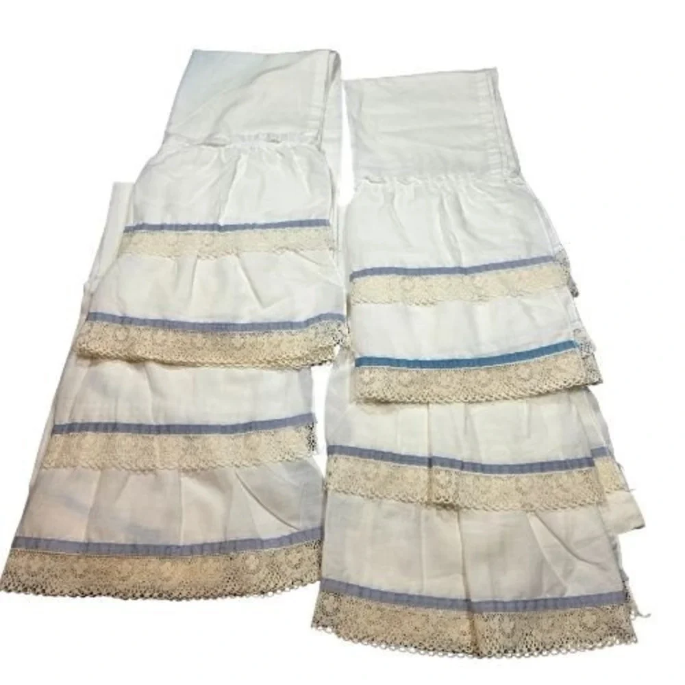 Vintage Style White Ruffled Cafe Curtains Lace Trim Blue Ribbon 4 Panels 35x28